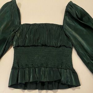 Lovers + Friends Smocked Puffsleeve MetallicEmerald Green Balloon Sleeve XXS